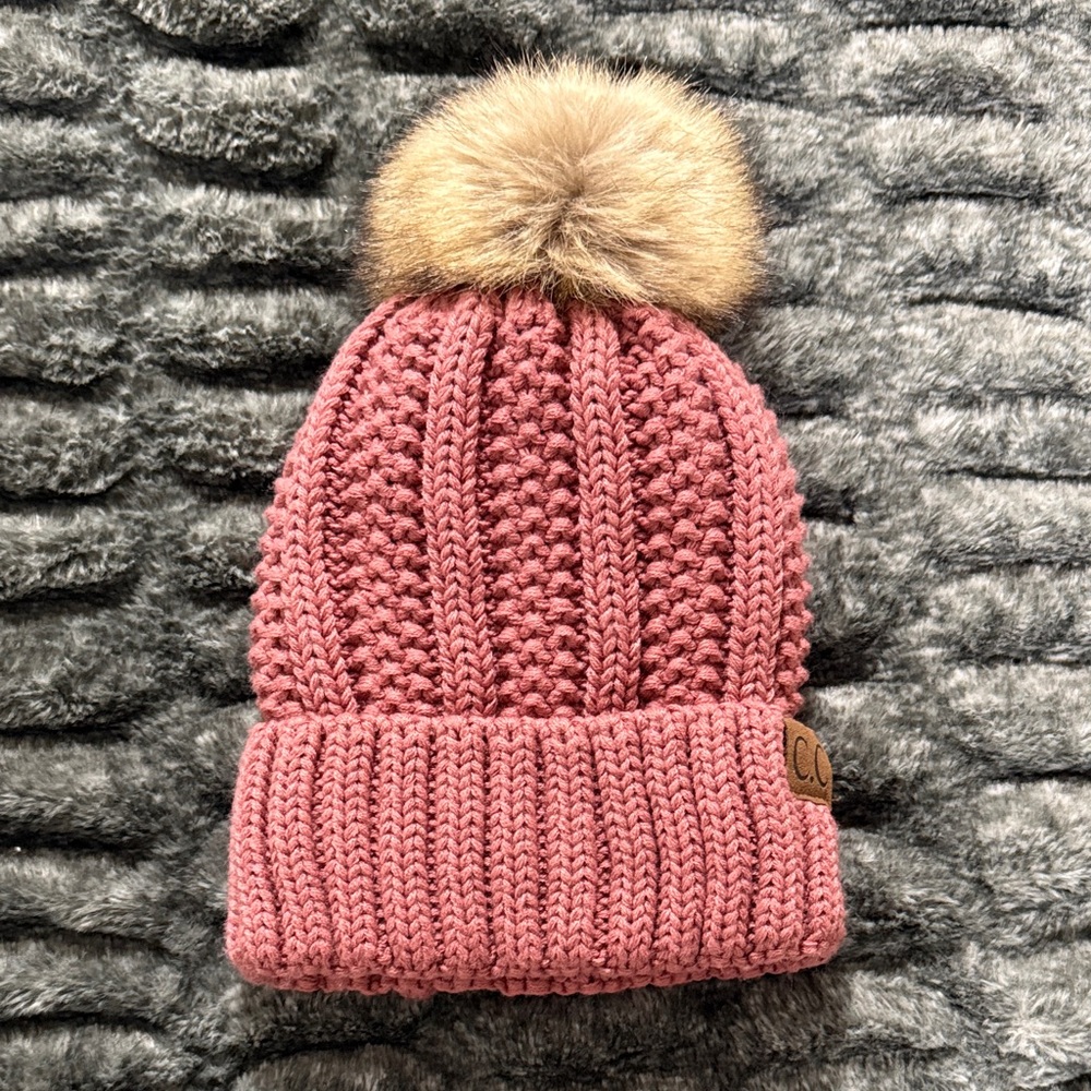 C.C. Pink Knit Beanie with Faux Fur Pom